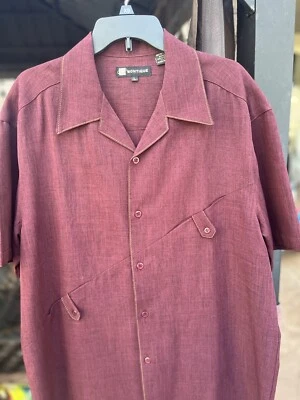 Camisa Montique Abotonada Para Hombre Manga Corta Poliéster Estilo Rockabilly Vino Foto 1 de 4