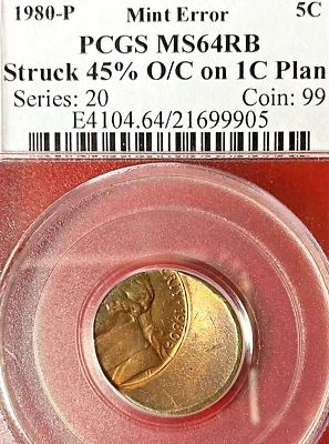 1980-P NICKEL STRUCK 45% OFF-CENTER ON CENT PLANCHET MULTI-ERROR PCGS MS-64 RB! - Image 1 of 3