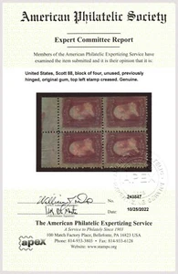 US Scott  #88  VERY RARE Block of 4 Stamps. Mint OGH. APS Certified. CV $6000 - Picture 1 of 3