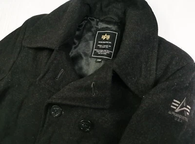 *HOT UNISEX ALPHA INDUSTRIES DOUBLE BREAST BUTTON BLACK WOOL PEA Coat L (*Fit M) - Image 1 of 4