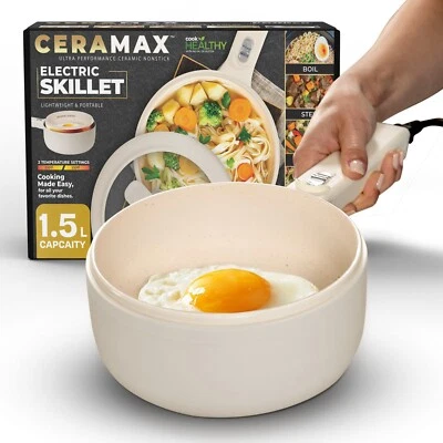 Ceramax Electric Hot Pot Nonstick Ceramic Skillet Pan Mini Cooker w Lid Steamer