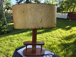 Vintage Mid Century Modern Atomic Wood Table Lamp Large Oval Fiberglass Shade - Picture 1 of 24
