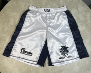 Cradle Gear Devils White Navy Blue Satin Wrestling Shorts Size Large 1093 - Picture 1 of 12