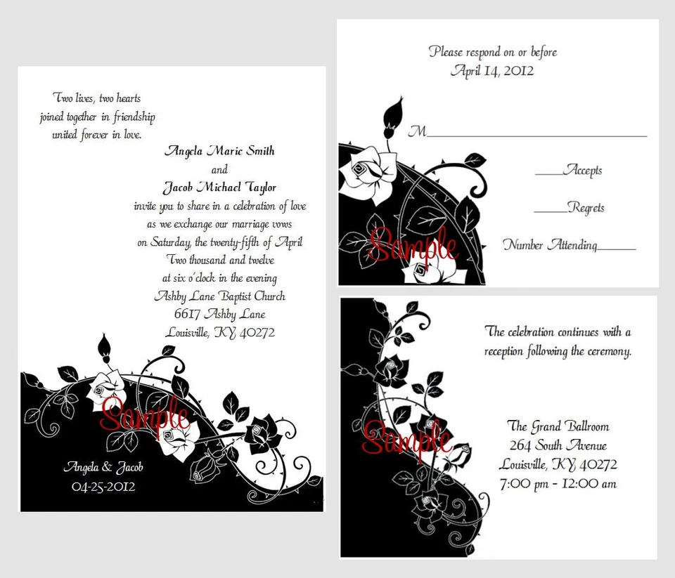 Juego de 100 invitaciones de boda de novia florales negras personalizadas personalizadas Foto 1 de 1