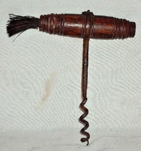 Vintage Old FRENC HCorkscrew Wine Bottle Opener with Dusting Brush WOOD AND IRON - Picture 1 of 5