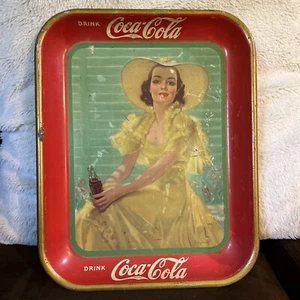 VINTAGE 1938 COCA-COLA GIRL IN YELLOW DRESS SERVING ADVERTISING TRAY USA - Picture 1 of 14