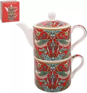 William Morris Strawberry Thief Tea For One Red Tea Pot and Cup Set Gift Boxed - Picture 1 of 2