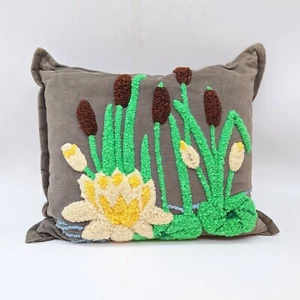 Vintage punch embroidered botanical floral waterlily cattail pillow country cott - Picture 1 of 6