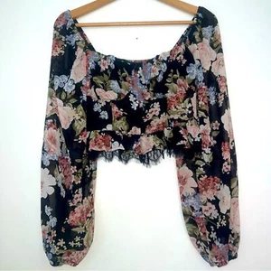 Lulus Dark Floral Corset Balloon Sleeve Lace Crop Top Y2K 90’s Boho Size XS - Picture 1 of 14