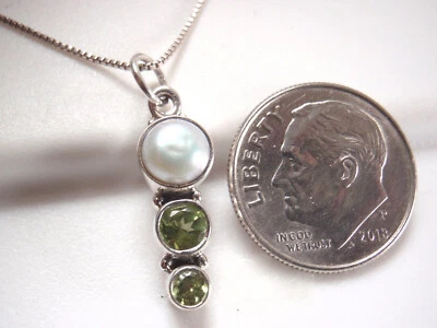Small Faceted Peridot Cultured Pearl Triple Gem 925 Sterling Silver Necklace - Image 1 of 3