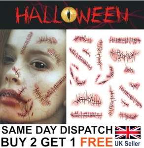 Halloween Stitch Zombie Scars Temporary Tattoos Party Wound Face Make Up Kit - Picture 1 of 8