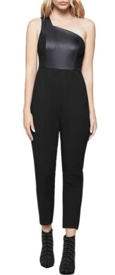 NWT! BCBG Generation Black Faux Leather One Shoulder Jumpsuit, Size 4, Orig $118 - Image 1 of 4