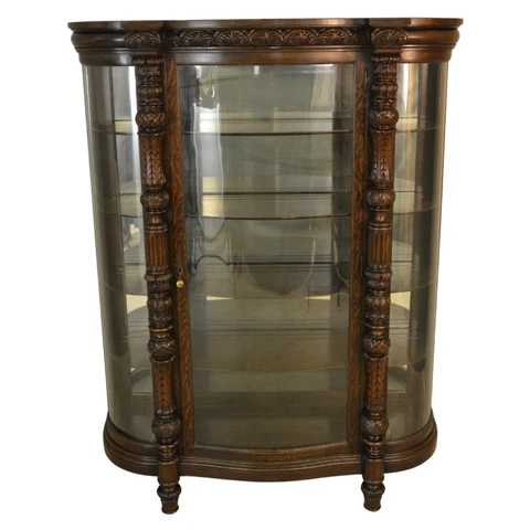 Antique China Cabinet, Carved Oak Curved Glass China Closet - Very Fancy #21381 Cover