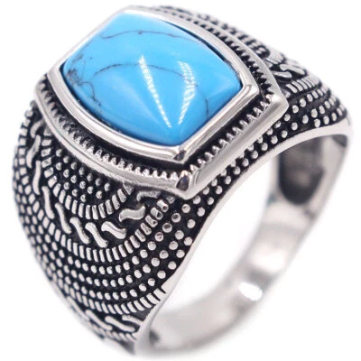 Anillo de boda tribal turquesa azul vintage de acero inoxidable para hombre y mujer joyería Foto 1 de 4