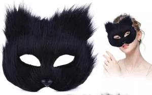 Furry Cat Mask Dress up Masquerade Mask Animal Mask Cat Games Cosplay Black - Picture 1 of 3