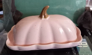 Hello Autumn Pastel Pink Pumpkin Stoneware Butter Dish USA Fall Thanksgiving - Picture 1 of 5