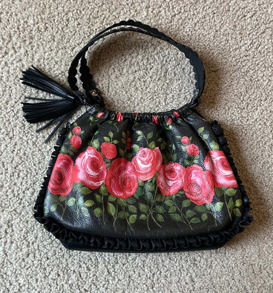 Vintage VTG Isabella Fiore Black Red Rose Floral Leather Handbag Painted Purse - Image 1 of 4