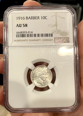 1916 barber dime NGC AU 58; white coin, SLIDER, great type see video! Cover