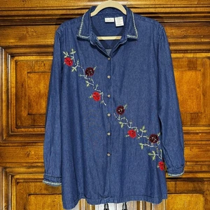 VTG Bobbie Brooks Denim Shirt Womens L Embroidered Roses Button Up Comfort - Picture 1 of 10