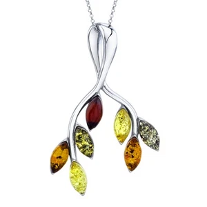 Womens Sterling Silver Baltic Amber Pendant Necklace Leaves Tree Branch 18" - Picture 1 of 3