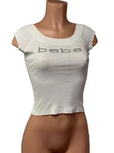 Bebe Y2K Vintage Rhinestone Sparkle Ribbed Sexy Crop Top Size (S) White - USA - Picture 1 of 9