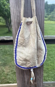 Vintage Leather Native American Style Blue Beaded Soft Pouch - Picture 1 of 8
