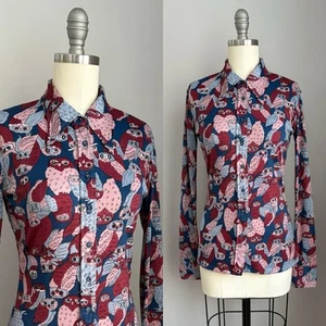 Vintage 70’s Polyester Dagger Collar Owl Print Button Down Shirt Size XS - Picture 1 of 8