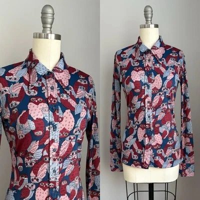 Camisa vintage años 70 poliéster cuello daga estampado búho abotonada talla XS Foto 1 de 4