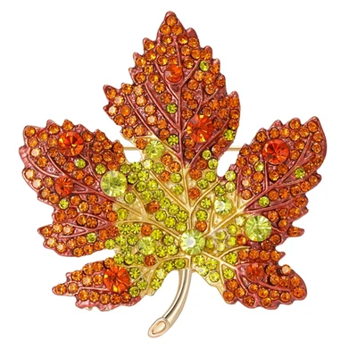 Vintage Orange Maple Leaf Brooch Crystal Rhinestone Gold Fall Pin Jewelry Gift - Image 1 of 4