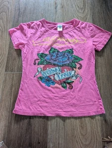 Ed Hardy Brand Pink Sequin Eternal Love Graphic T-Shirt Girls Size L - Picture 1 of 8