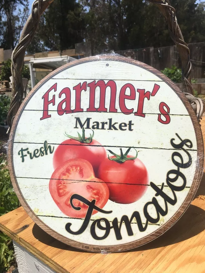 Farmers Market Fresh Tomatoes Round Sign Tin Vintage Garage Bar Decor Old Rustic - Image 1 of 1