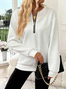 New Women's Cozy White Half-Zip Solid Long Sleeve Sweatshirt, Soft, Breathable L - Picture 1 of 5