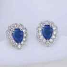 2Ct Lab Created Pear Cut Blue Tanzanite Halo Stud Earring 14K Gold Plated Silver