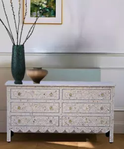 Perlmutt Kommode mit 6 Schubladen - weißes florales Design, Handarbeit Luxus Kunst - Bild 1 von 5