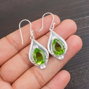 Dainty Peridot Gemstone 925 Sterling Silver Jewelry Handmade Earrings Love Gifts - Picture 1 of 4