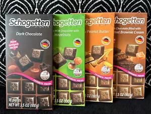 4pz SCHOGETTEN CIOCCOLATO FONDENTE AL LATTE TEDESCO NOCCIOLA BURRO DI ARACHIDI BROWNIE - Foto 1 di 14
