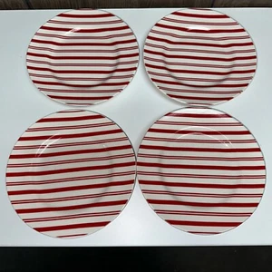 SET OF 4-CRATE & BARREL RED & WHITE Striped Dessert plates-8"-Peppermint - Picture 1 of 7