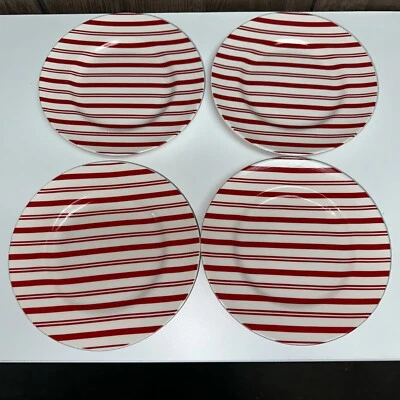 SET OF 4-CRATE & BARREL RED & WHITE Striped Dessert plates-8"-Peppermint - Image 1 of 4
