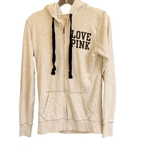 Victoria Secret Felpa con Cappuccio Donna XS Grigio Full Zip Coulisse Tasche Rosa Logo - Foto 1 di 5