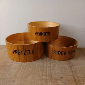 3 Vintage Teak Mahogany Ply Wooden Bowls snacks lettered Pretzels chips peanuts - Picture 1 of 11