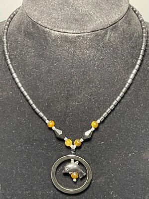 Hematite Necklace with Dolphin Pendant and Yellow Brown Cat's Eye Bead Accents - Image 1 of 3