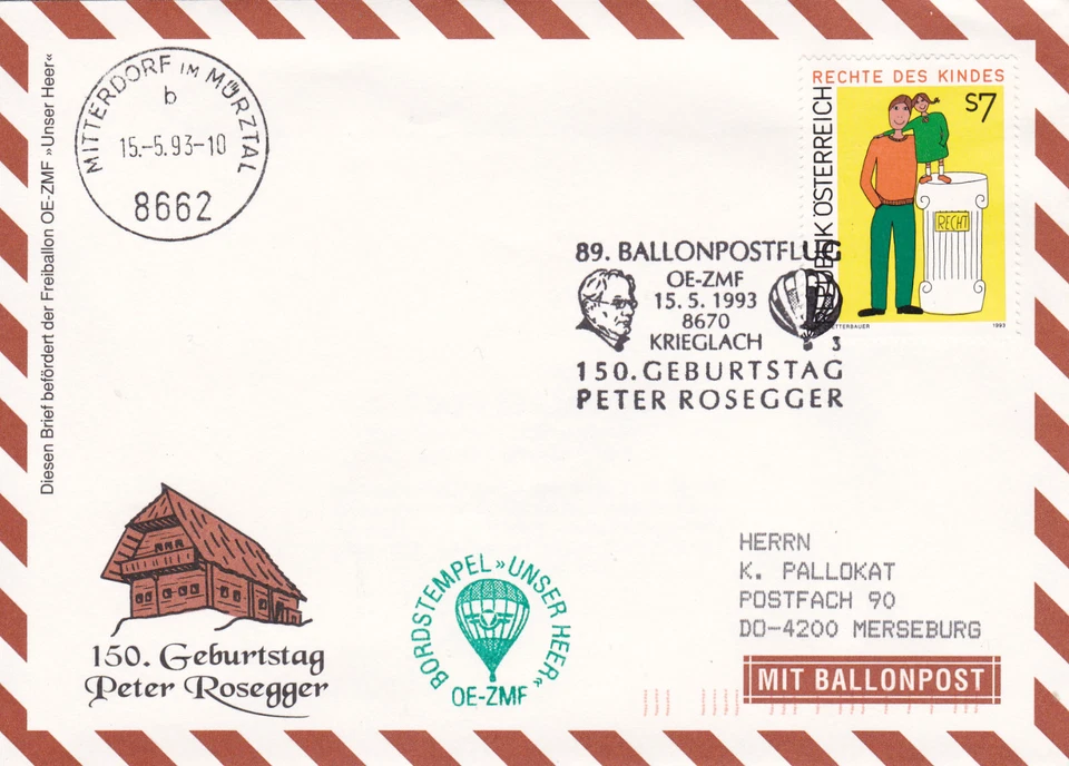 BPÖ_082 Österreich: 89. Ballonpost Krieglach =  Mitterdorf 1993 Rechte d. KIndes - Bild 1 von 1