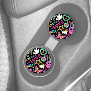 PEACE LOVE GITARRE HIPPIE BUNT MASSGEFERTIGT SANDSTEIN AUTO UNTERSETZER 2ER SET ABSORBIERT - Bild 1 von 1