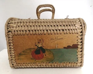 Vintage Spanish Mallorca Wicker & Wood Tote Basket Bag Hand Painted - Picture 1 of 9