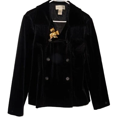 Casual Corner 天鹅绒西装外套黑色女式 14 码弹力假日口袋 — 第 1/4 张图片