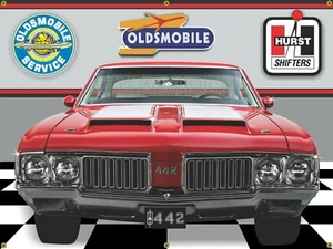 1970 OLDSMOBILE OLDS CUTLASS 442 FIRE RED CAR GARAGE SCENE BANNER SIGN MURAL ART - Picture 1 of 1