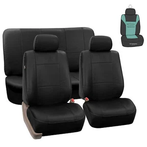 Black PU Leather Car Seat Split Bench Covers Auto Car SUV w/ Free Air Freshener - Picture 1 of 10