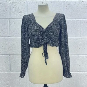 CRAVATTA NERA BIANCA A POLKADOT CROP TOP MILKMAID MANICA LUNGA INTRECCIATA ANTERIORE Y2K UK S - Foto 1 di 6