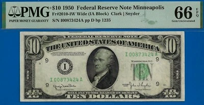 1950 $10 Federal Reserve Note PMG 66EPQ 2nd finest Minneapolis Fr 2010-IW - Image 1 of 3