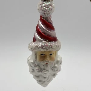 Vecchio Mondo Decorazione Natalizia Testa di Babbo Natale Canna di Caramelle Cappello a Righe Glitter - Foto 1 di 7